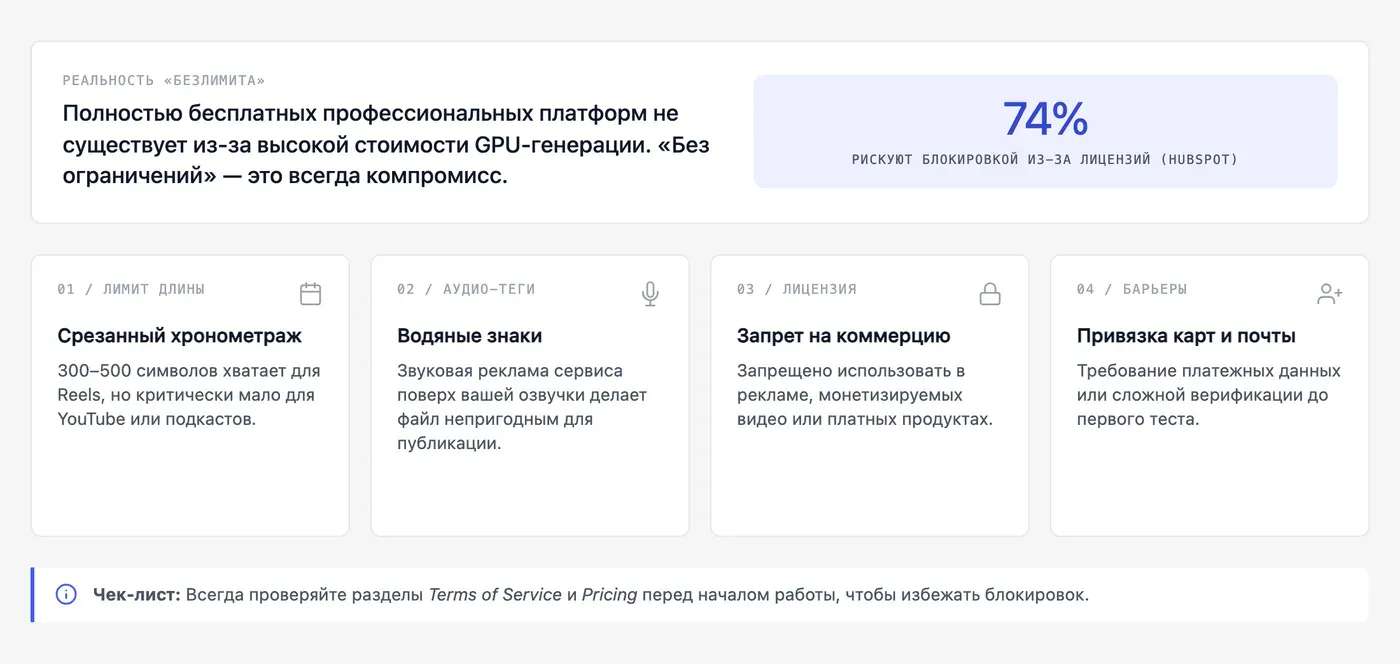 Что значит «без ограничений» при выборе бесплатного тарифа ИИ-озвучки? — инфографика Speakmi