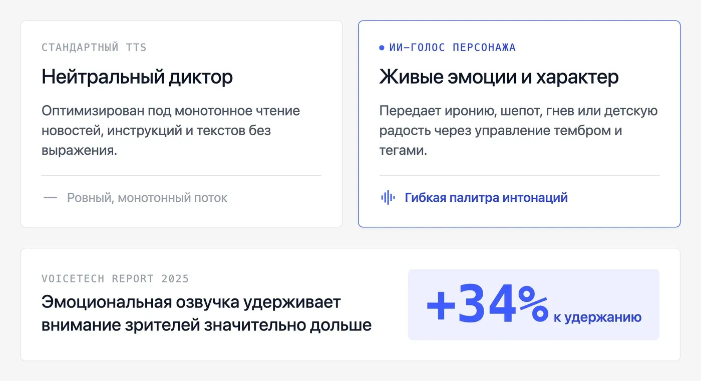Что такое ИИ-голос персонажа и чем он отличается от обычного TTS? — инфографика Speakmi