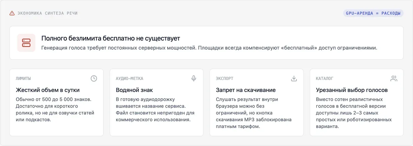 Существует ли бесплатная озвучка текста нейросетью без ограничений? — инфографика Speakmi