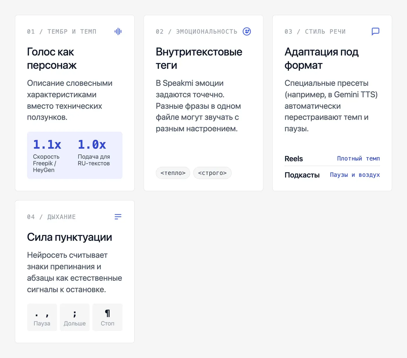 Какие параметры влияют на результат: скорость, эмоция, стиль речи? — инфографика Speakmi