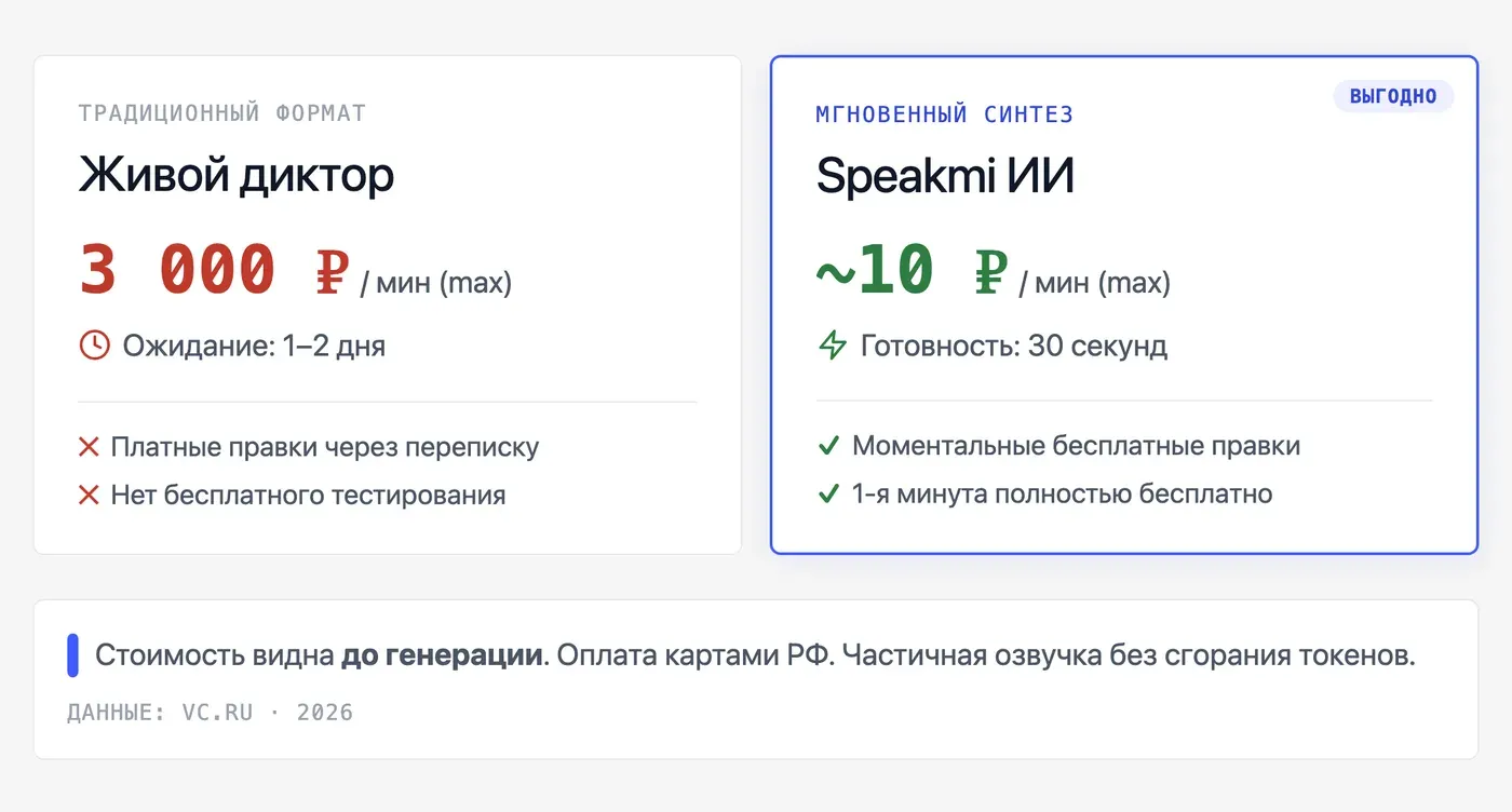 Сколько стоит сделать рекламный ролик: диктор vs ИИ-генерация — инфографика Speakmi