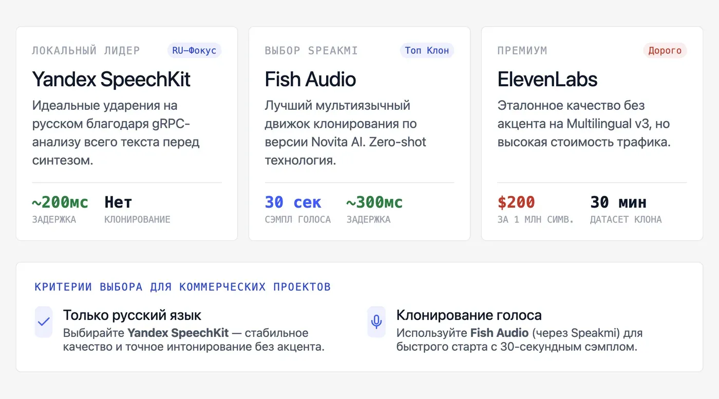 Google Text to Speech API vs Fish Audio API vs другие: что выбрать для русского языка? — инфографика Speakmi