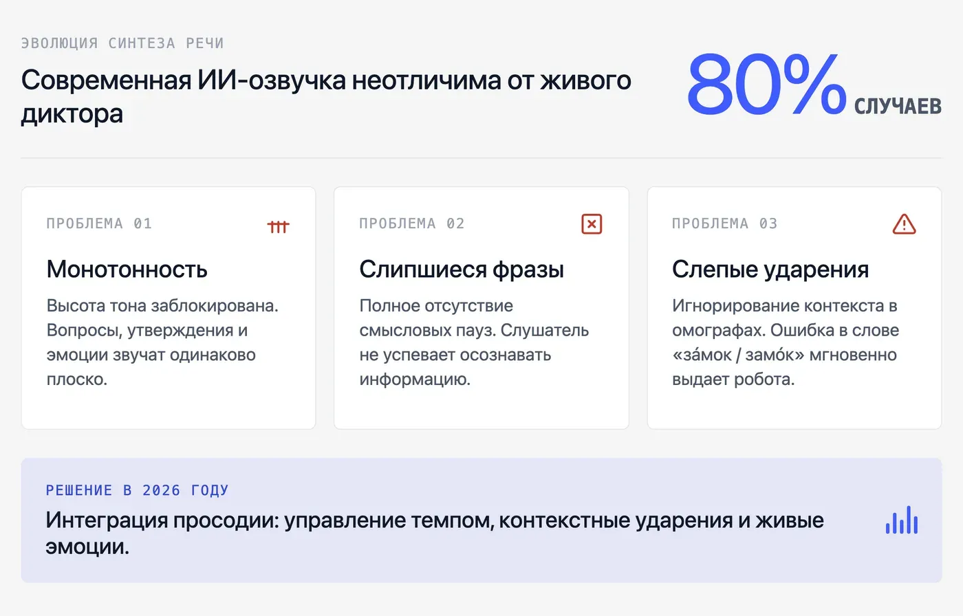 Почему обычная TTS-озвучка звучит как робот? — инфографика Speakmi