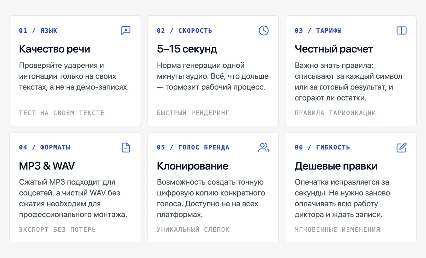 По каким критериям выбирают хороший сервис озвучки текста? — инфографика Speakmi