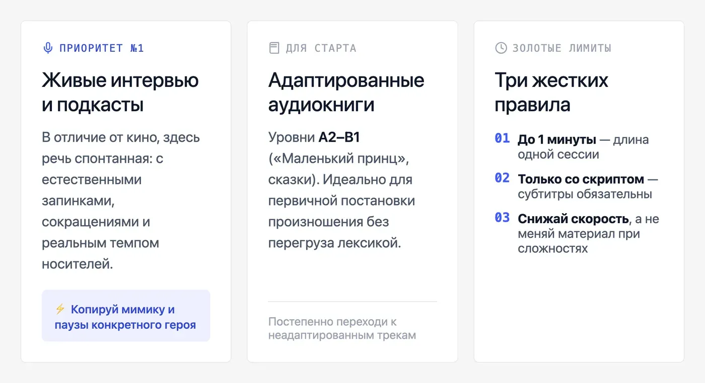 Какие материалы выбрать для shadowing на английском? — инфографика Speakmi