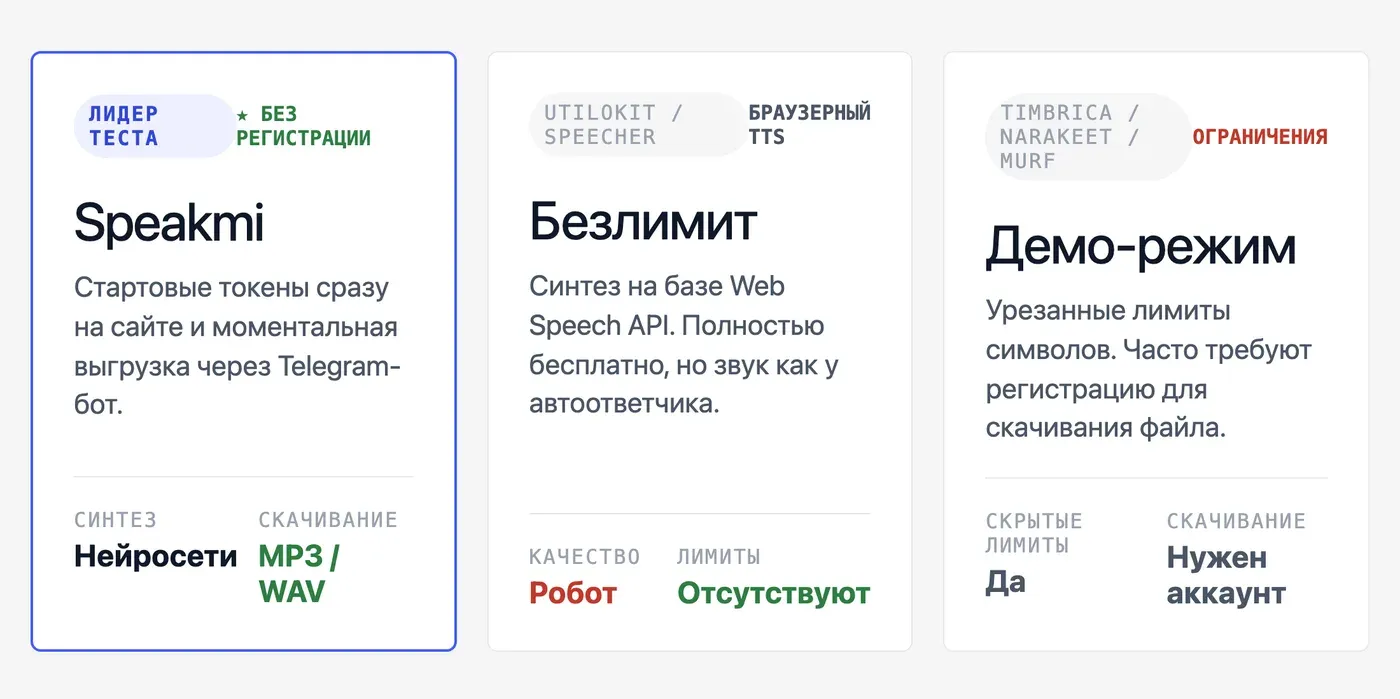 Какие сервисы озвучивают текст онлайн бесплатно без регистрации в 2026 году? — инфографика Speakmi