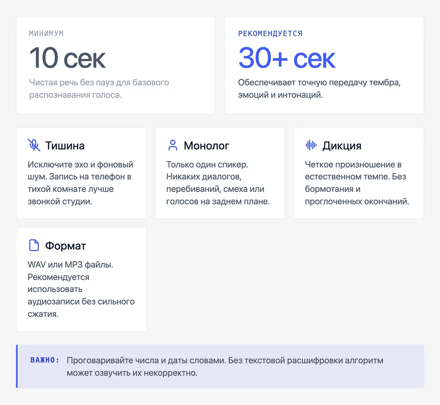 Какой образец голоса нужен для клонирования в Fish Audio: требования к записи — инфографика Speakmi