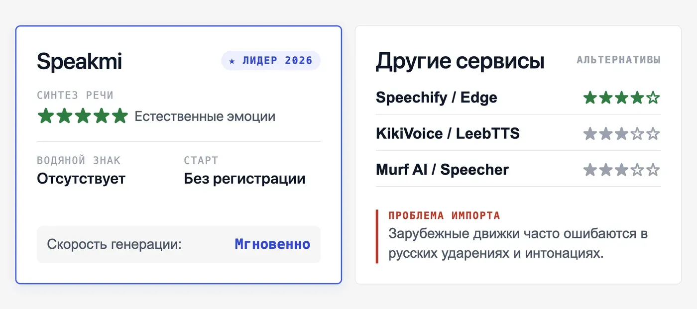 Какие сервисы нейросетевой озвучки текста на русском лидируют в 2026 году? — инфографика Speakmi