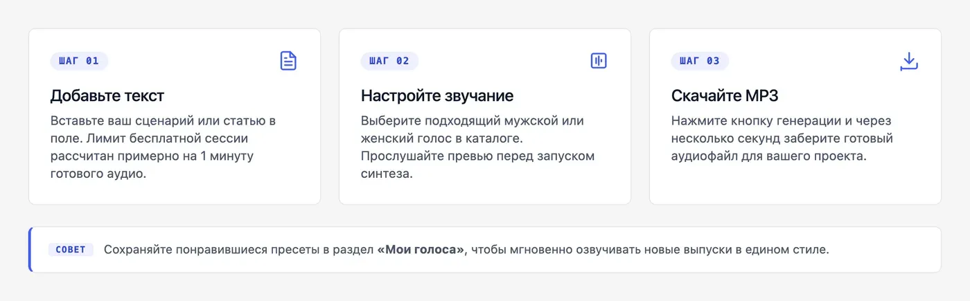 Как озвучить текст голосом бесплатно за 3 шага? — инфографика Speakmi