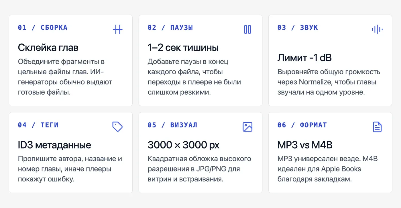 Как смонтировать и оформить готовую аудиокнигу: главы, обложка, метаданные — инфографика Speakmi