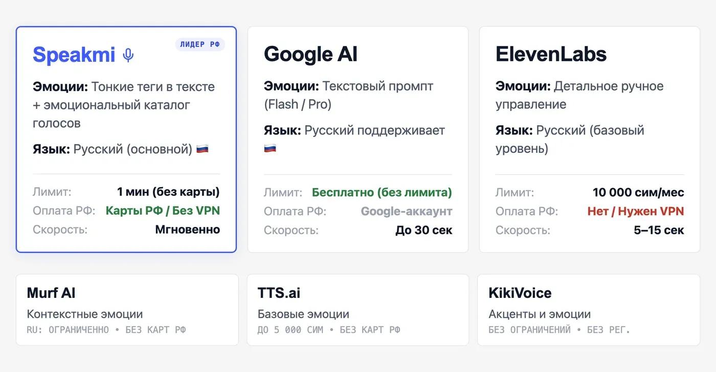 Какие сервисы умеют озвучивать текст с эмоциями онлайн: сравнение 2025 — инфографика Speakmi