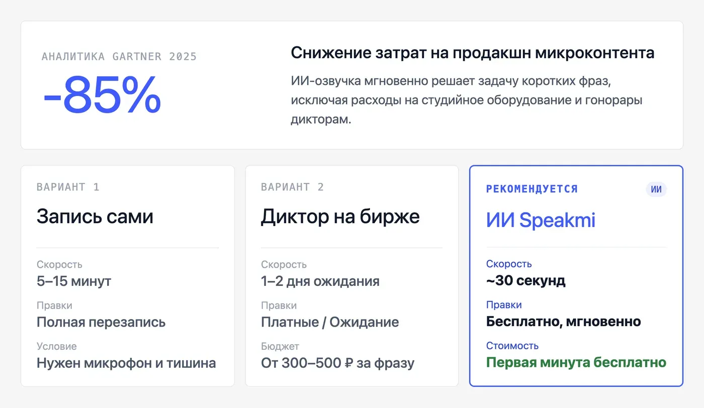 Чем ИИ-озвучка фразы отличается от записи своим голосом или найма диктора? — инфографика Speakmi