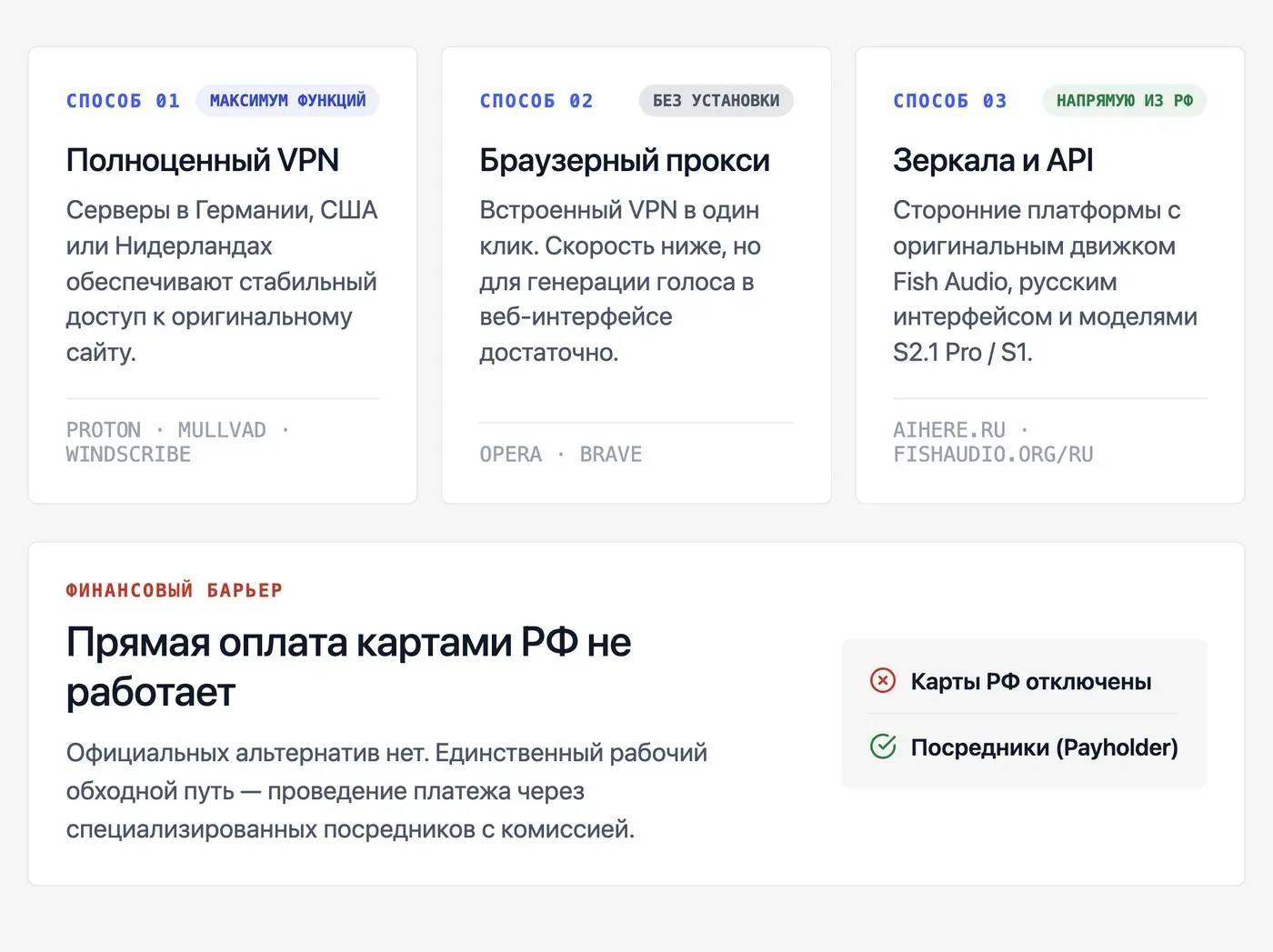 Как зайти на сайт Fish Audio из России: VPN и альтернативные способы — инфографика Speakmi
