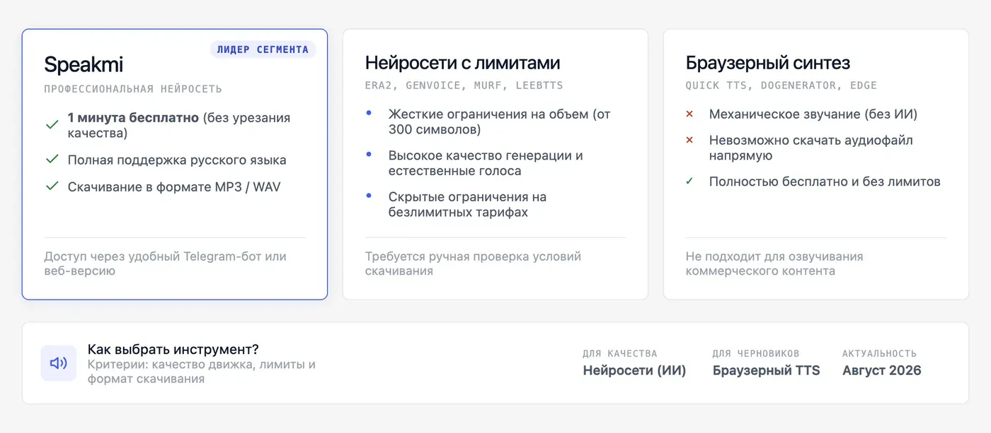 Какие сервисы предлагают бесплатную озвучку текста на русском языке? — инфографика Speakmi