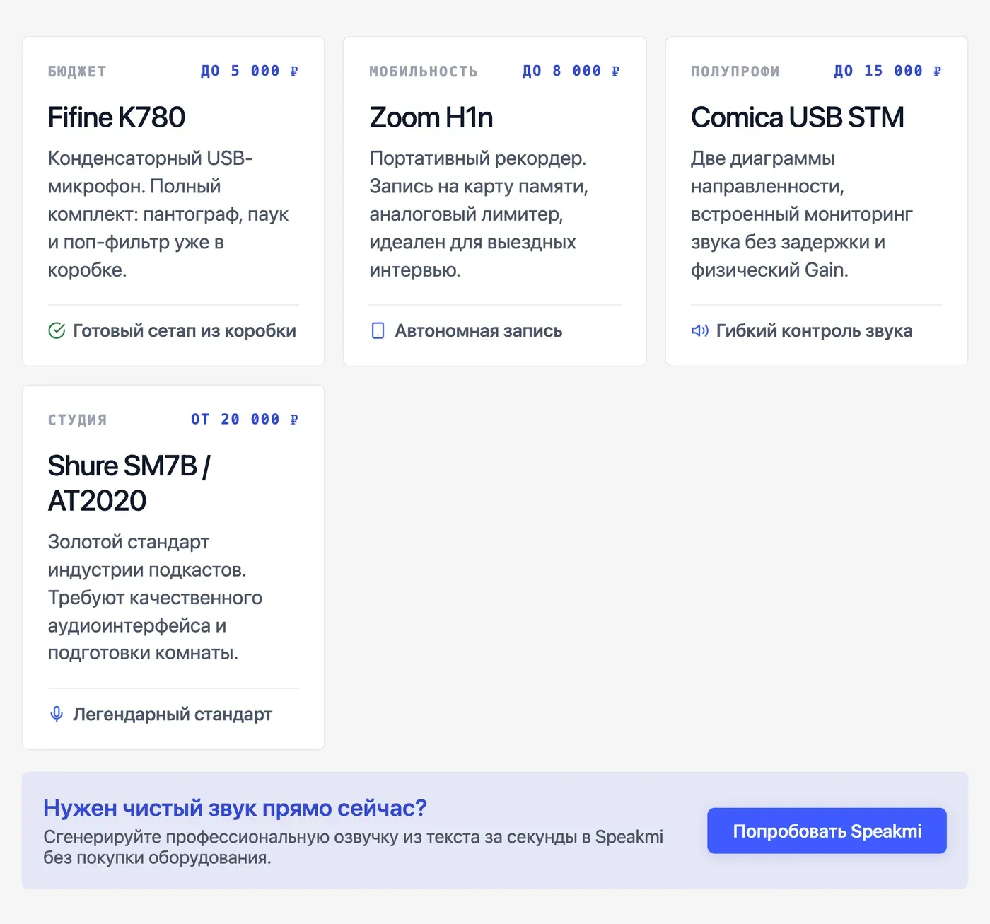 Какой микрофон купить до 3 000, 5 000 и 10 000 рублей: реальные модели — инфографика Speakmi