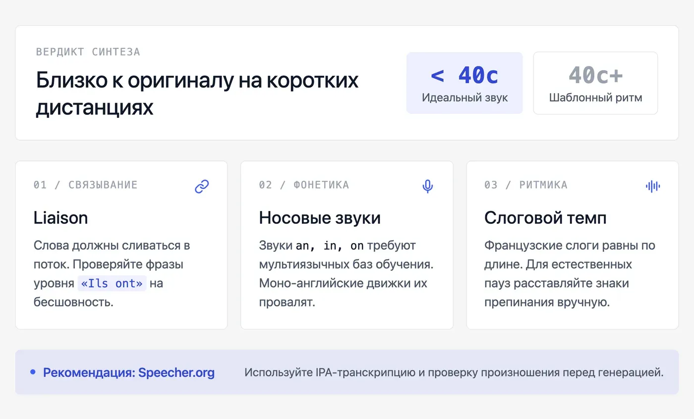 Насколько естественно звучит французская речь нейросети: акцент, интонация, паузы? — инфографика Speakmi