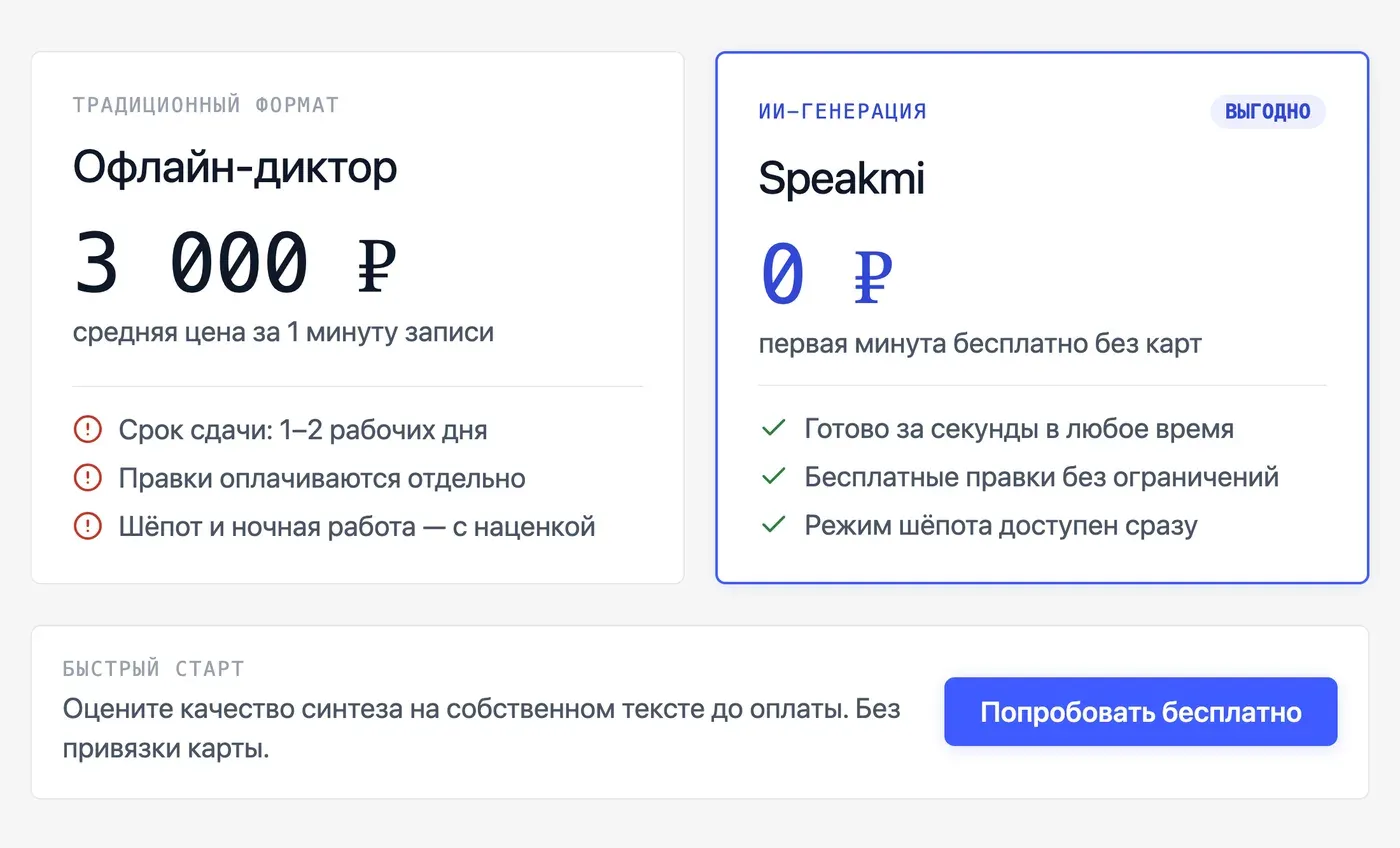 Сколько стоит заказать голос шёпотом у диктора по сравнению с ИИ? — инфографика Speakmi