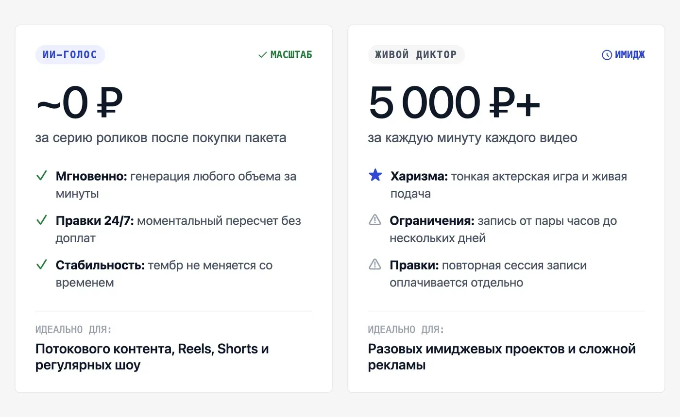 ИИ-голос персонажа vs живой актёр озвучки: что выбрать для YouTube и Reels? — инфографика Speakmi