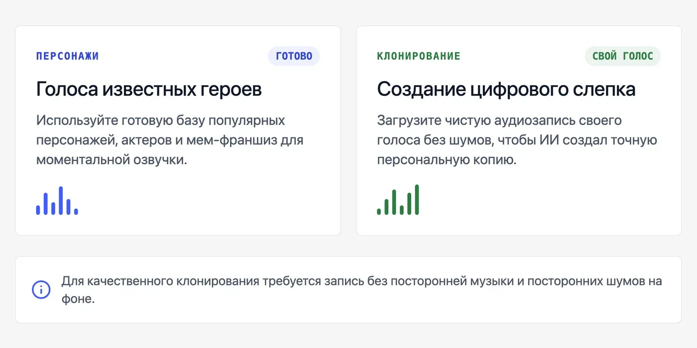 Можно ли озвучить мем голосом конкретного персонажа или клонировать свой голос? — инфографика Speakmi