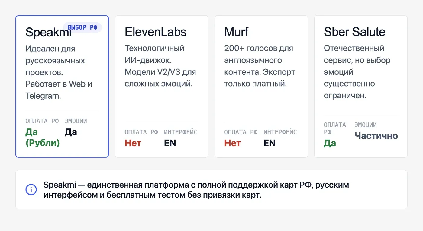 Сравнение сервисов: где озвучить текст с эмоциями онлайн? — инфографика Speakmi
