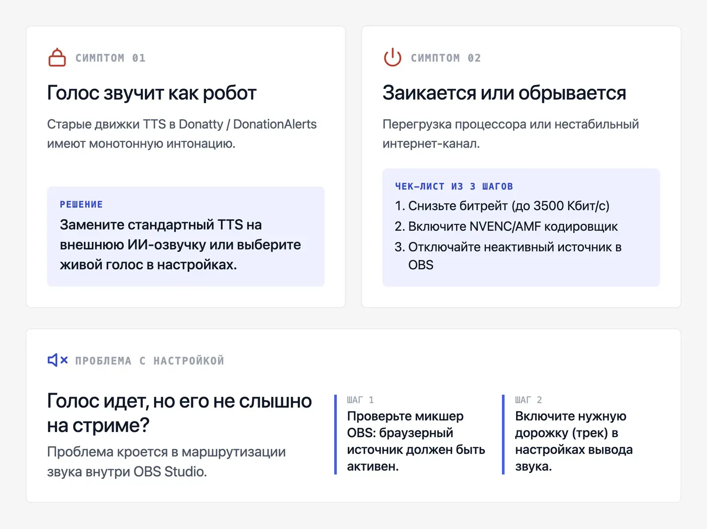 Что делать, если голос на стриме звучит роботом или обрывается? — инфографика Speakmi