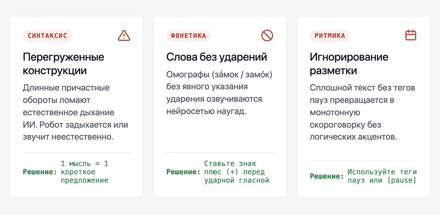 Какие ошибки в сценарии портят озвучку нейросетью? — инфографика Speakmi