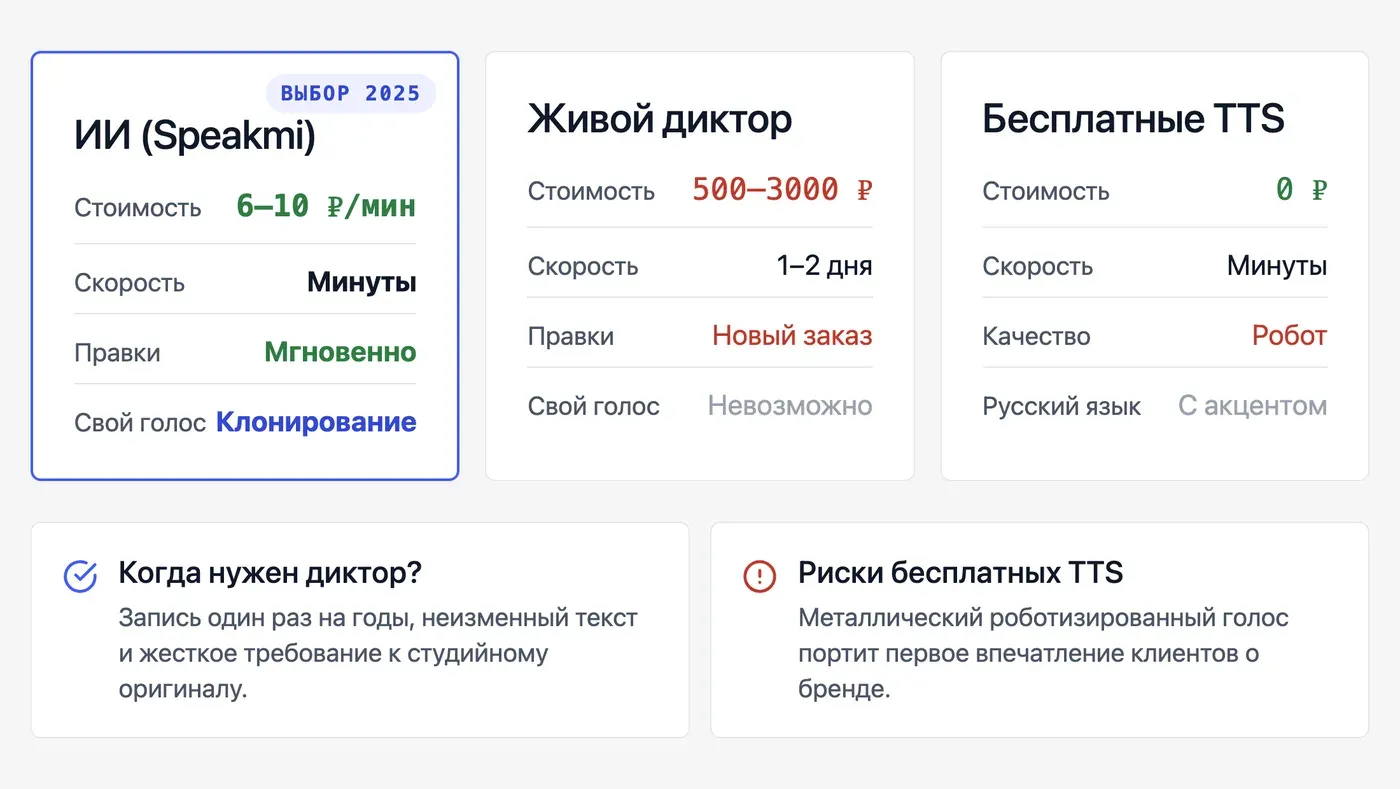 ИИ-голос против живого диктора для приветствия АТС: что выбрать в 2026? — инфографика Speakmi
