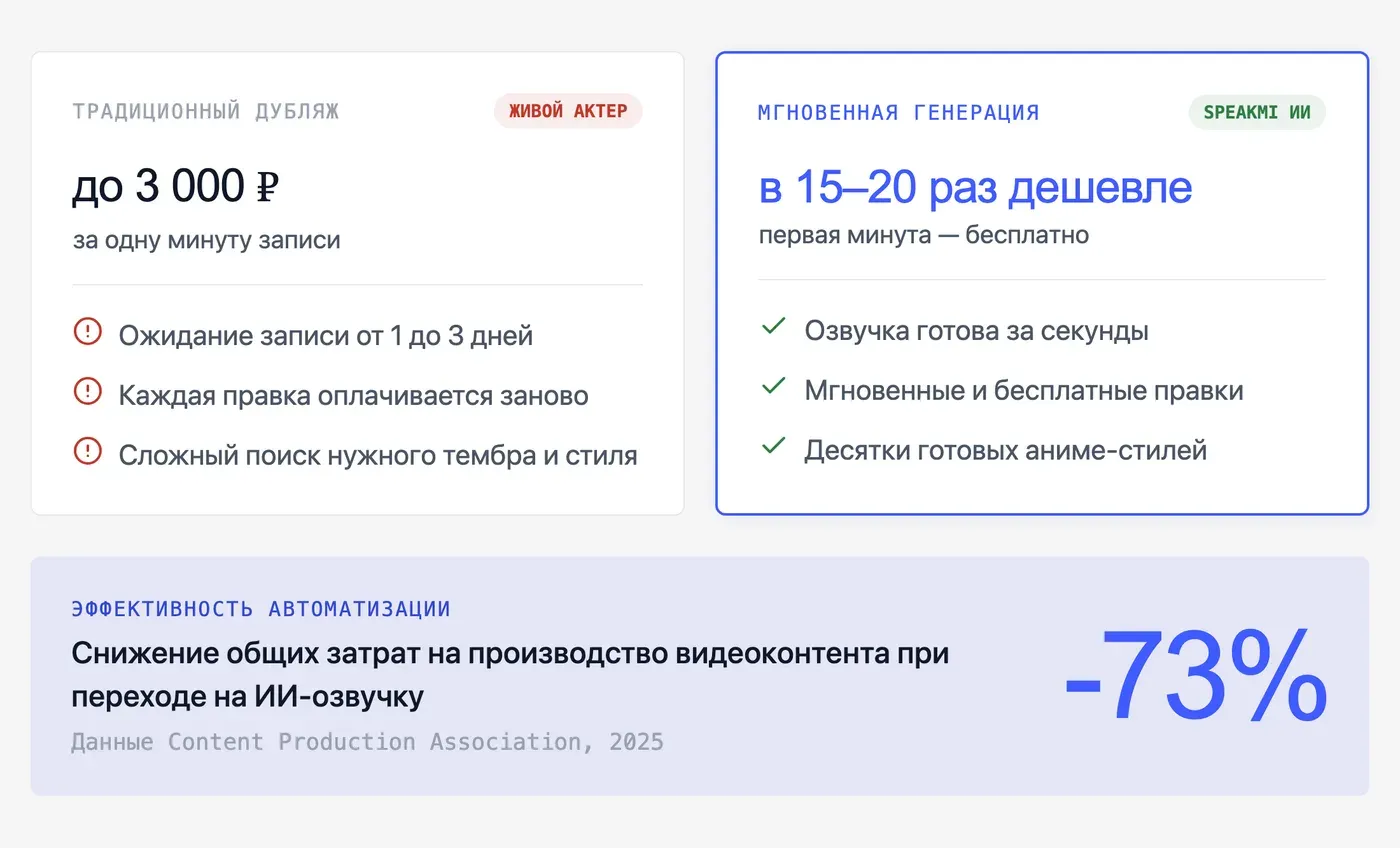 Сколько стоит озвучка голосом аниме-персонажа при сравнении ИИ и живого сэйю? — инфографика Speakmi