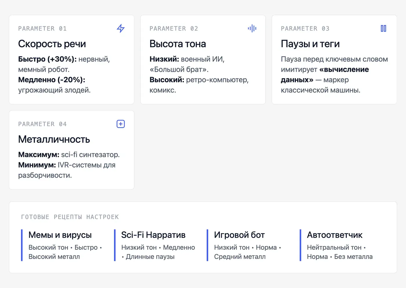 Какие настройки влияют на звучание роботизированного голоса? — инфографика Speakmi
