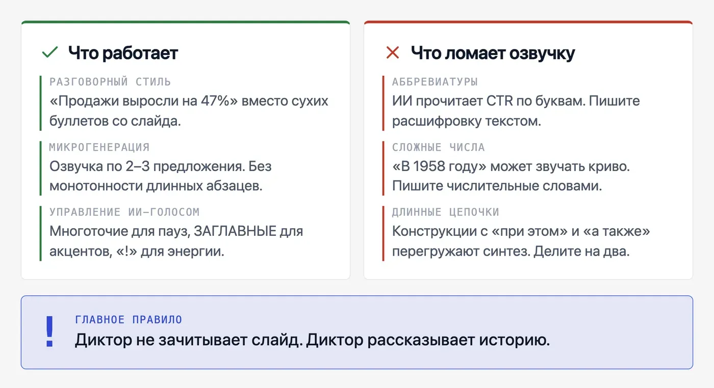 Как правильно написать текст для озвучки слайдов: что работает, а что нет? — инфографика Speakmi