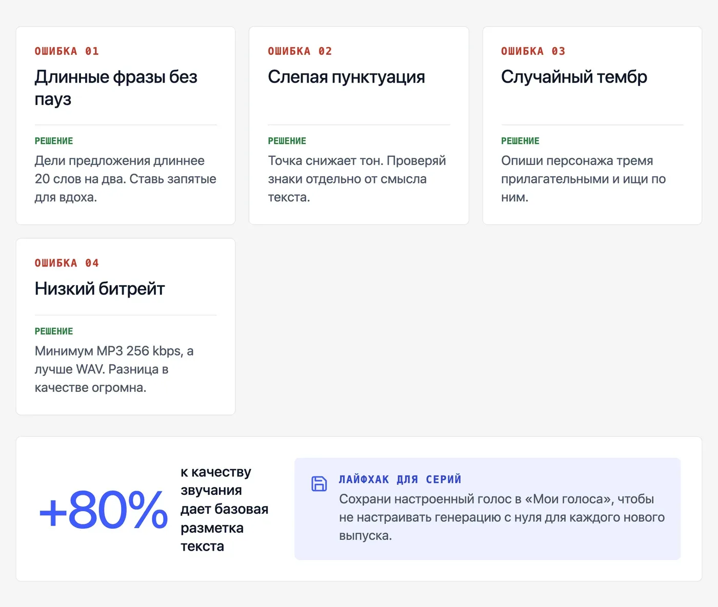Какие ошибки убивают качество озвучки голосом персонажа? — инфографика Speakmi