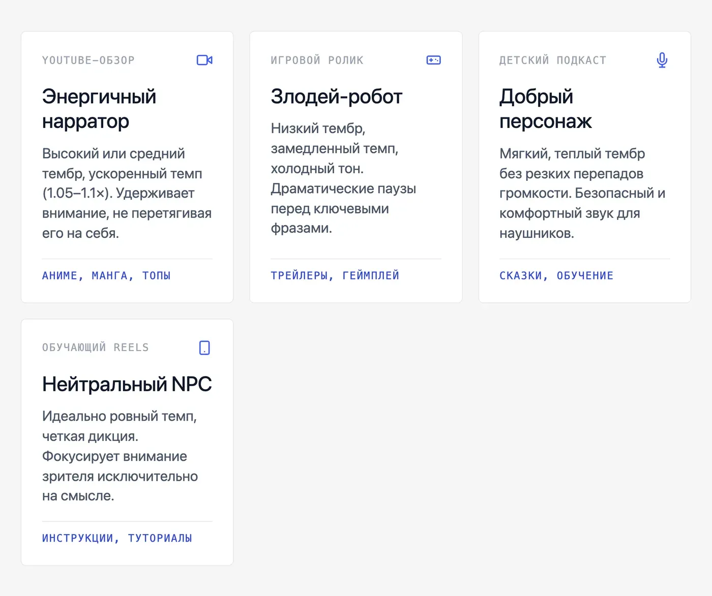 Какой голос персонажа подойдёт для YouTube, Reels и подкаста? — инфографика Speakmi