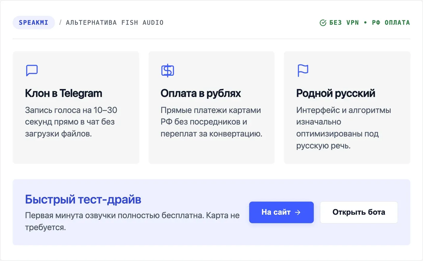 Какой русскоязычный аналог Fish Audio работает без VPN в 2026 году? — инфографика Speakmi