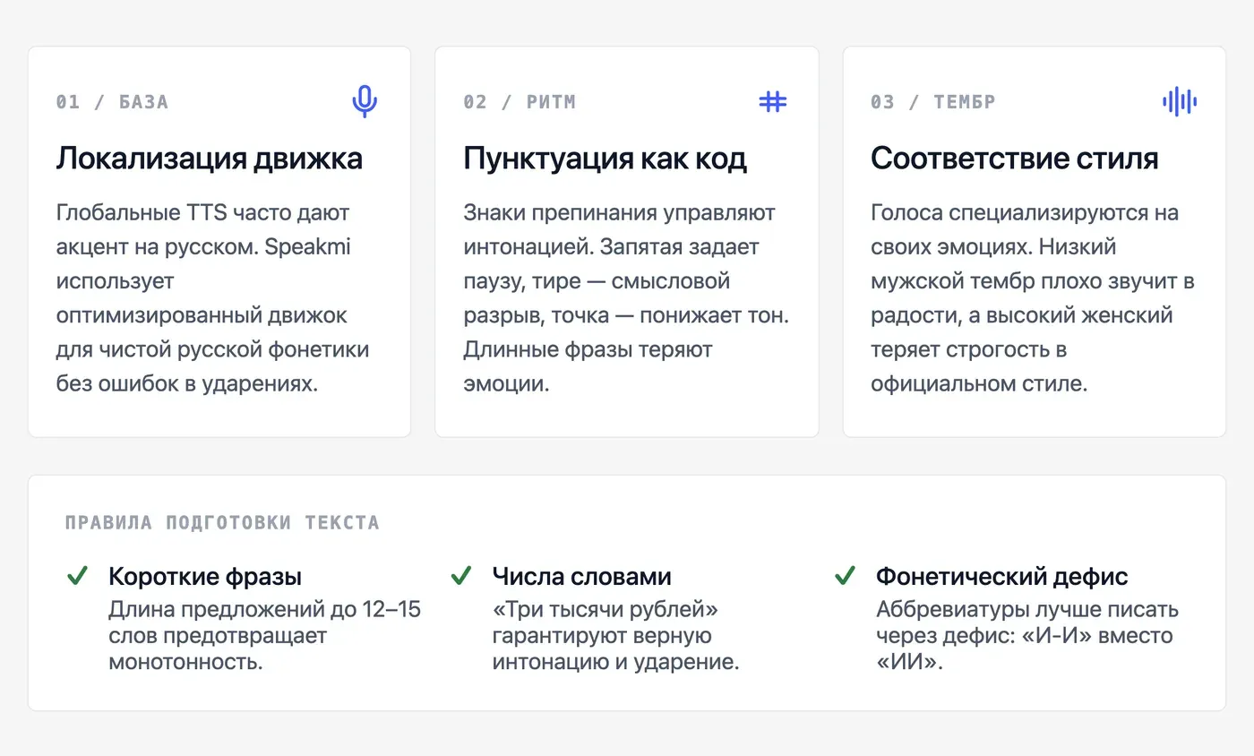 Что влияет на качество эмоциональной озвучки: язык, модель, пунктуация? — инфографика Speakmi