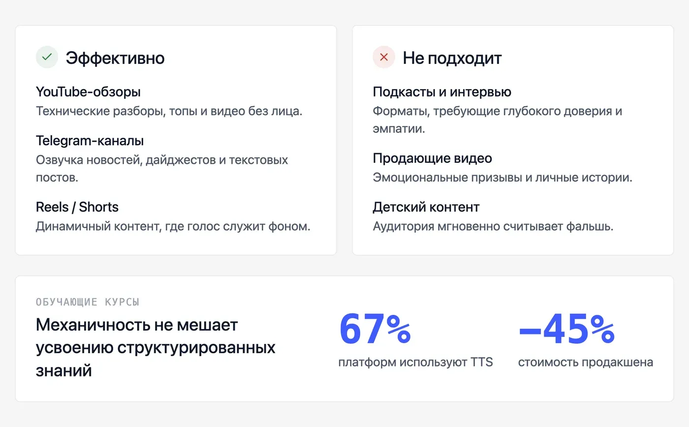 Для каких форматов контента подходит роботизированный голос и где он не работает? — инфографика Speakmi