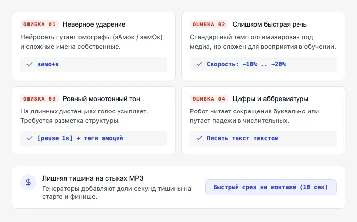 Частые ошибки при озвучке текста и как их исправить за 30 секунд — инфографика Speakmi